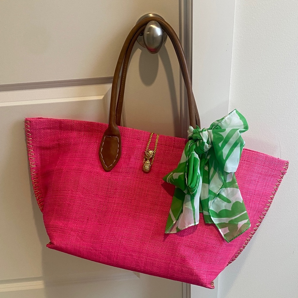 Lilly Pulitzer Pink Straw Tote with Green Scarf and Brown Handles